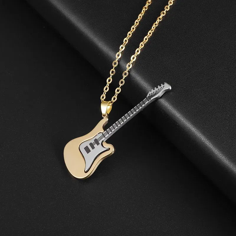 Metal Color: Rhodium Plated - Retro Punk Music Guitar Necklace for Men Personalized Gothic Pendant Fashion Hip Hop Rock Singer Jewelry Gift