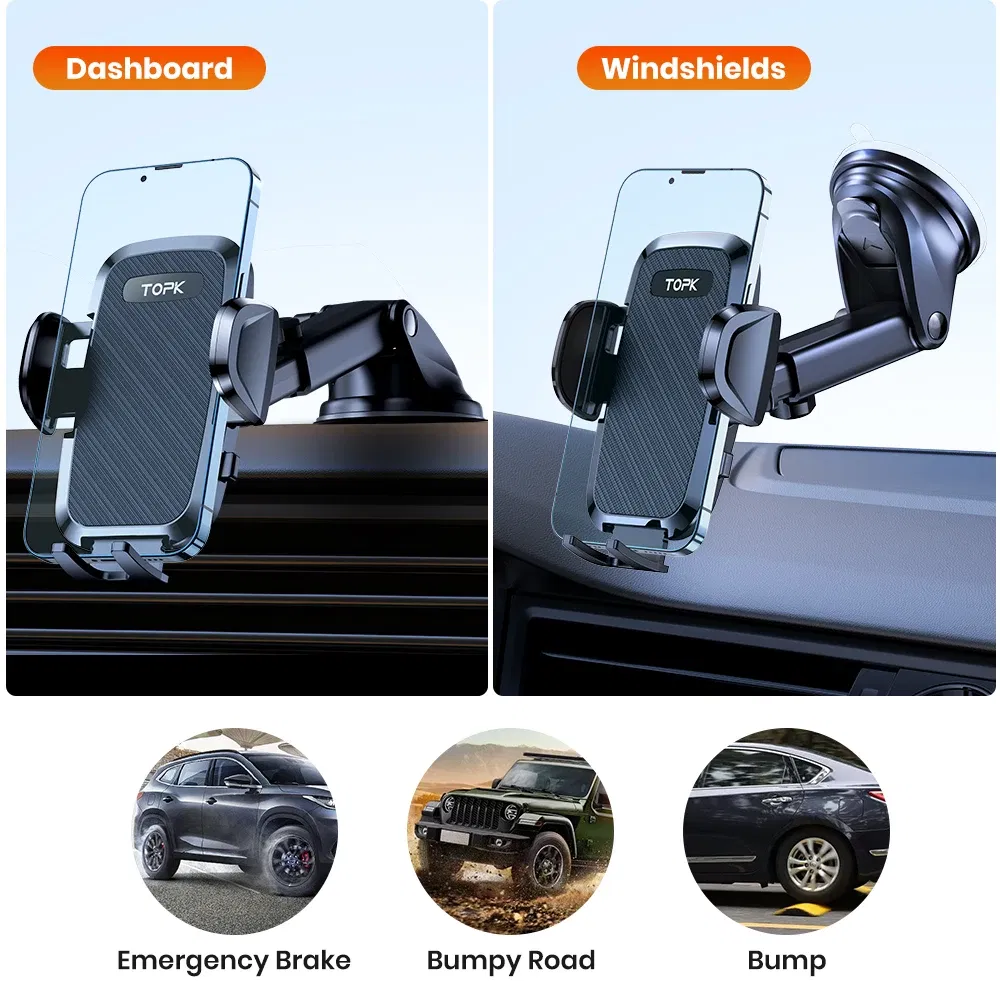 Color: Orange - TOPK Car Phone Holder 4 in 1 Super Stable Car Phone Mount for Car Dashboard/Windscreen/Air Vent Compatible with All Mobile Phone