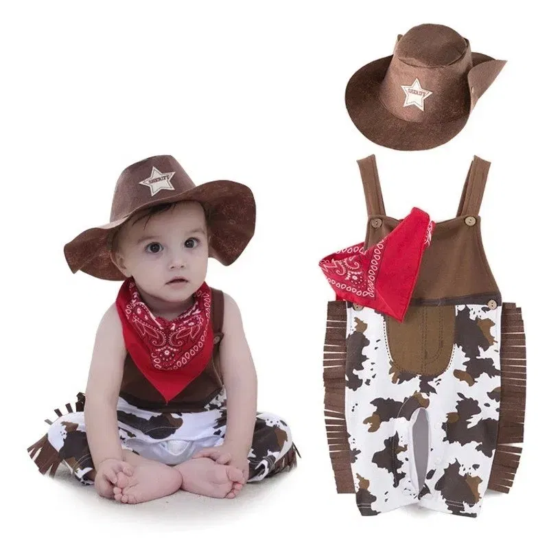 Color: Brown, Kid Size: 12M - Baby Boy Clothes cowboy Costume Infant Toddler Cowboy Set 3Pcs Hat Scarf Romper Halloween Event Birthday Holiday Cosplay Outfits