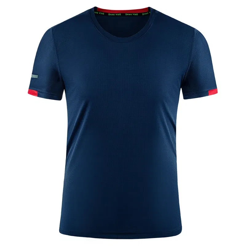 Color: Navy Blue, Size: S, Ships From: CN - Men's t-shirt quick-drying sports top, custom logo running T-shirt, trainer fitness shirt