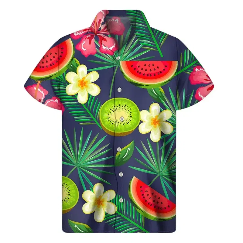 Color: Beige, Size: XL - Tropical Watermelon Graphic Hawaiian Shirt Summer Street Short Sleeves 3d Printed Fruits Button Shirts Men Clothes Lapel Blouse