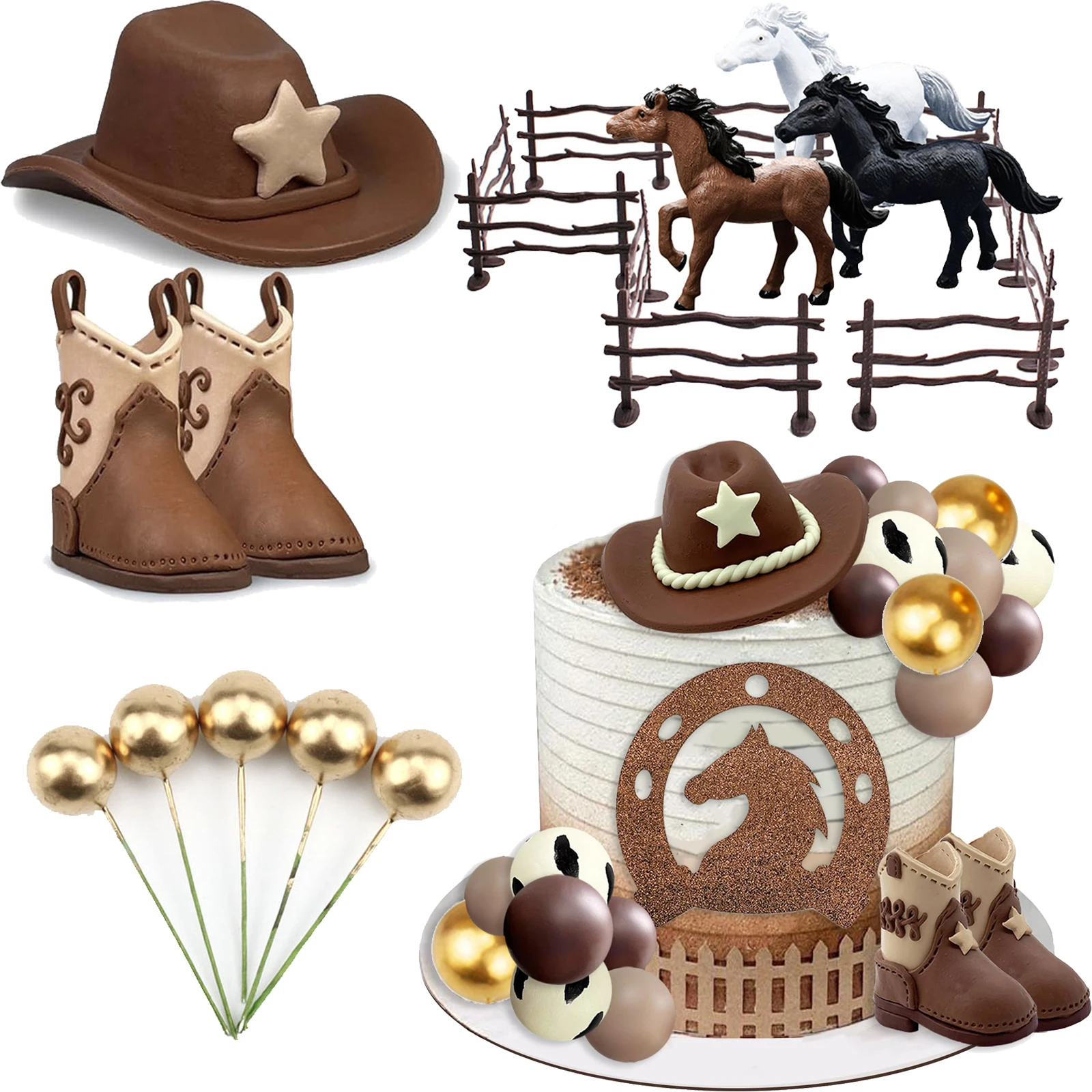 Color: Dark Khaki - Cowboy Cake Topper Western Cowboy Hat and Boot Cupcake Toppers with Balls Western Theme Birthday Party Baby Shower Supplies