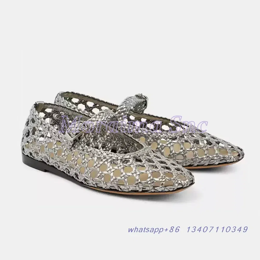 Color: Silver, Shoe Size: 42 - Hollow Woven Leather Ballet Shoes Flat With Round Toe Ankle Buckle Strap Fashion Shallow Women Shoes Mary Janes Summer New 2025