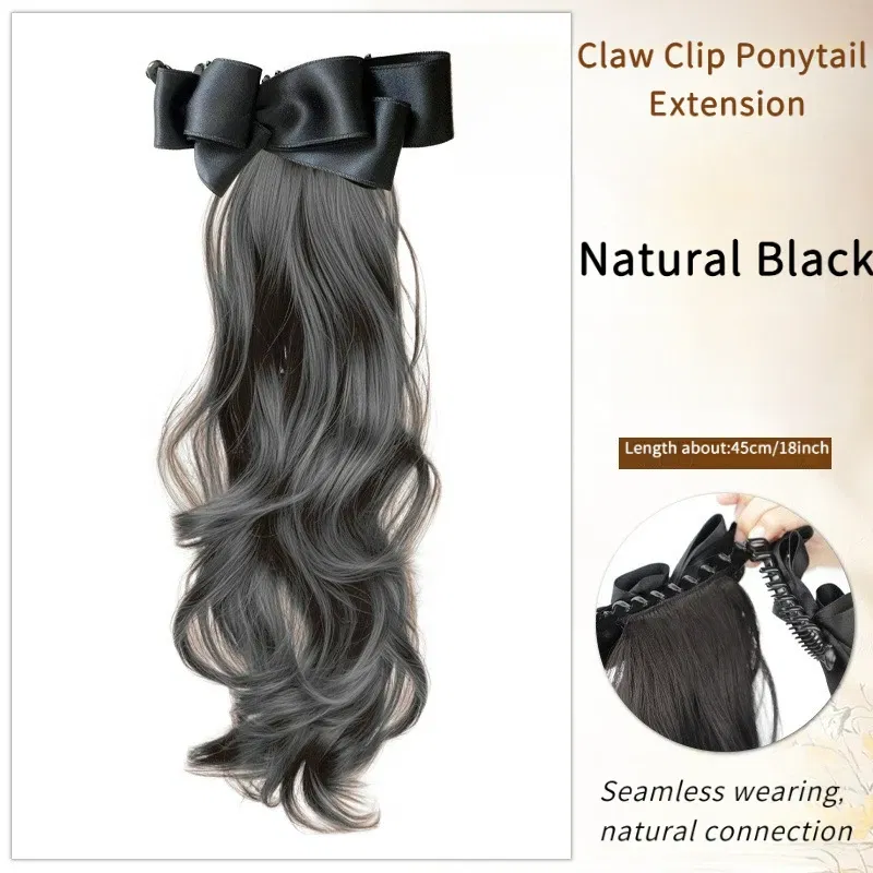 Color: #2, Stretched Length: 18inches - Elegant Synthetic Silk Bowknot Banana Claw Clip Ponytail Wig With Grab Clip Long Wavy Layered Ponytail for Women Daily Use