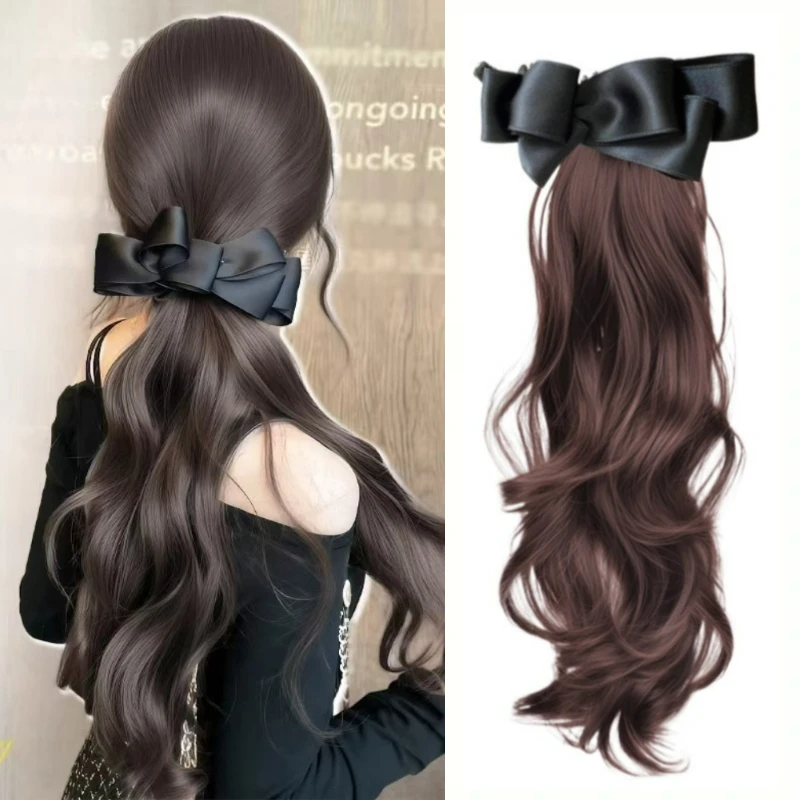 Color: #2, Stretched Length: 18inches - Elegant Synthetic Silk Bowknot Banana Claw Clip Ponytail Wig With Grab Clip Long Wavy Layered Ponytail for Women Daily Use