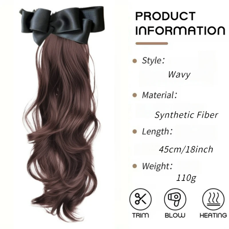 Color: #2, Stretched Length: 18inches - Elegant Synthetic Silk Bowknot Banana Claw Clip Ponytail Wig With Grab Clip Long Wavy Layered Ponytail for Women Daily Use