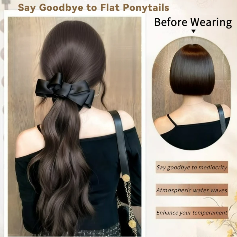 Color: #2, Stretched Length: 18inches - Elegant Synthetic Silk Bowknot Banana Claw Clip Ponytail Wig With Grab Clip Long Wavy Layered Ponytail for Women Daily Use