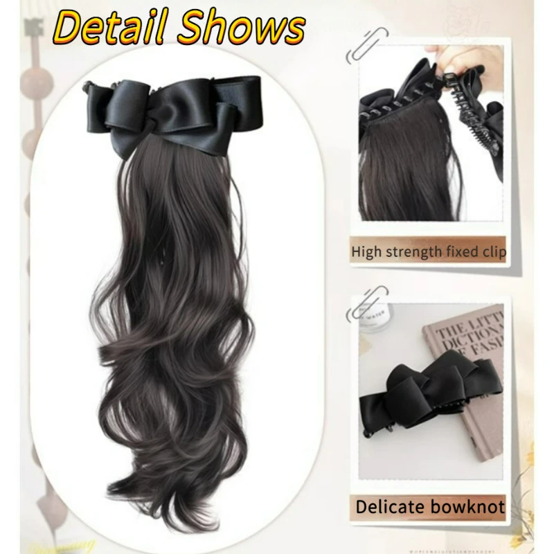 Color: #2, Stretched Length: 18inches - Elegant Synthetic Silk Bowknot Banana Claw Clip Ponytail Wig With Grab Clip Long Wavy Layered Ponytail for Women Daily Use