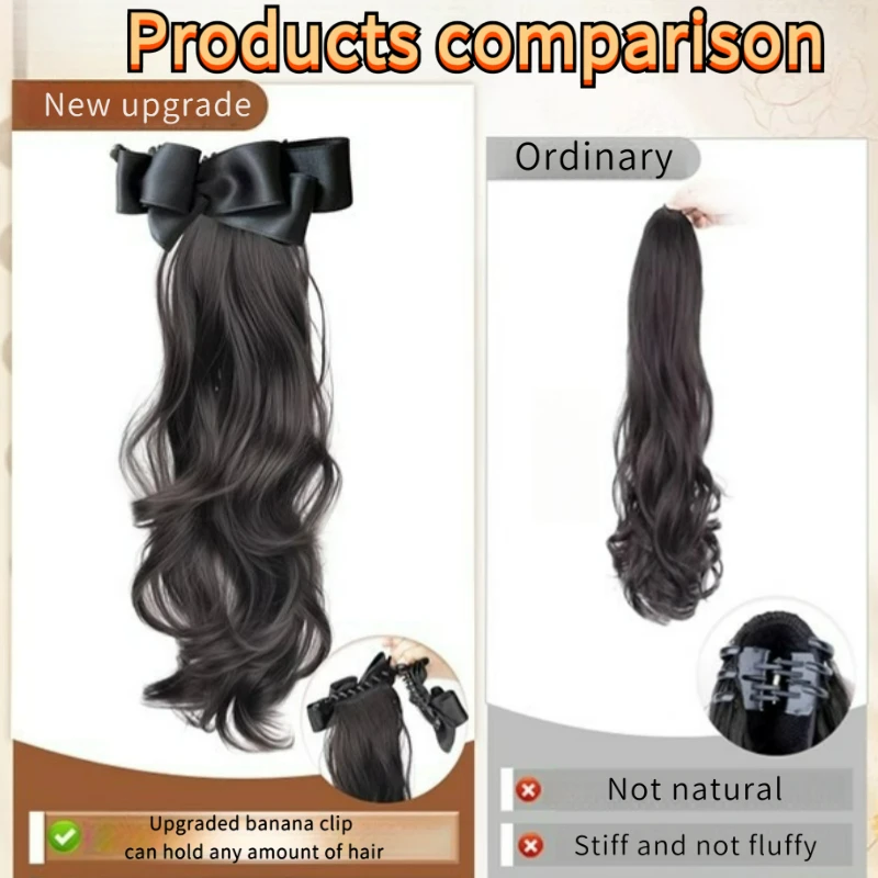 Color: #2, Stretched Length: 18inches - Elegant Synthetic Silk Bowknot Banana Claw Clip Ponytail Wig With Grab Clip Long Wavy Layered Ponytail for Women Daily Use