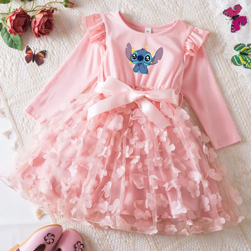 Color: Khaki, Size: One Size, Height: 158 - Lilo Stitch Girl Baby Dresses Spring Autumn Child Long Sleeve Sweet Princess Dress Mesh Newborn Casual Dress Birthday Party 2-6Y