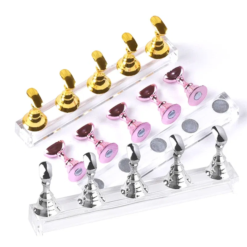 Color: black - 5pcs/Pack Chess Magnetic Nail Holder Practice Display Stand Gold Silver Rose-Golden Showing Shelf Gel Polish Display Stand Tools
