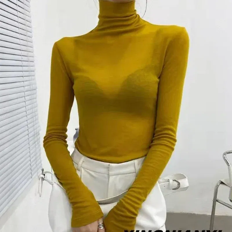 Color: WHITE, Size: XXXL - New Fashion Basic Turtleneck Long Sleeve Women T-shirt Autumn Winter Long Sleeve Slim Stretch Tops Ladies Sexy Tees Plus Size