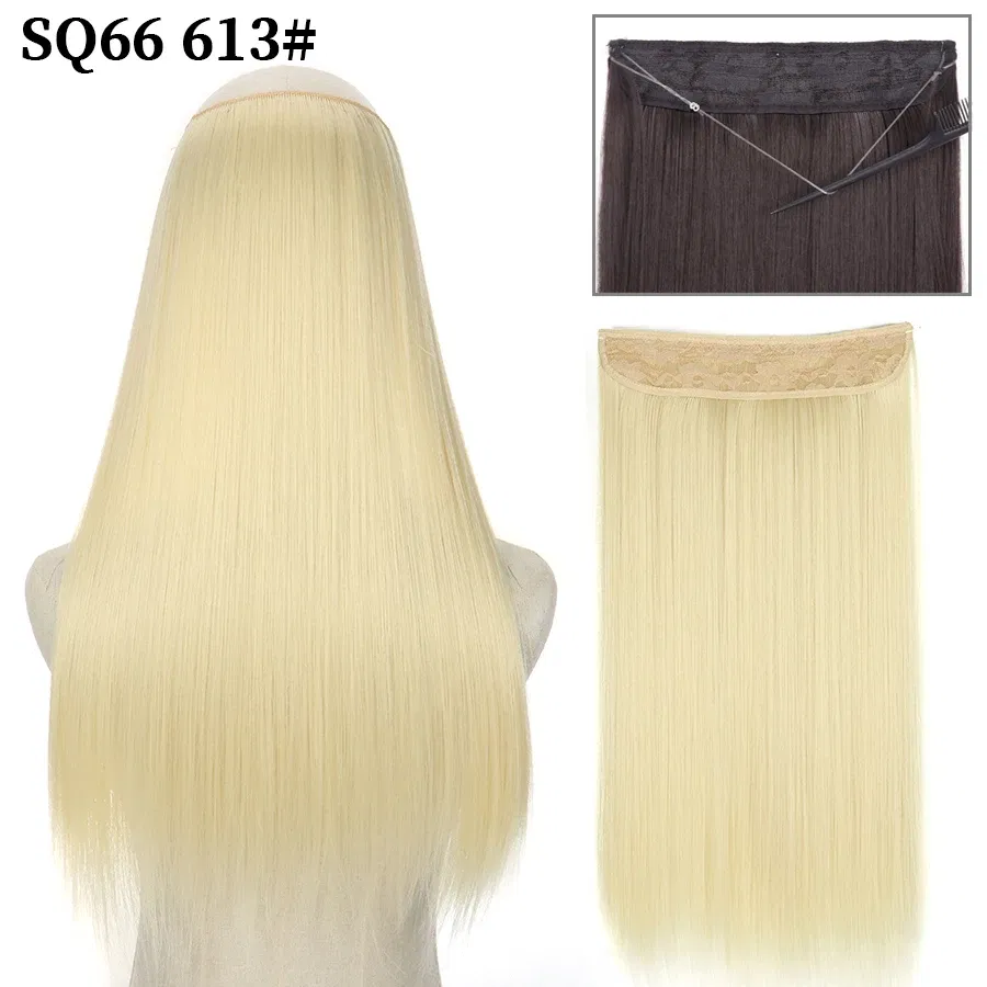 Color: #33, Stretched Length: 32inches, Ships From: CHINA - Synthetic Natural Wavy No Clip Fish Line Invisible Hair Extensions Mixed Color Blonde Black Artificial False Hair Piece ForWomen