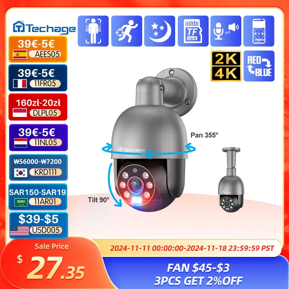 Sensor Size: 1/1.8", Focus: 3.6mm, Ships From: CHINA - Techage 5MP 8MP PoE PTZ IP Camera Outdoor Waterproof 2 Way Audio Camera AI Human Detection Security Camera Xmeye for NVR System
