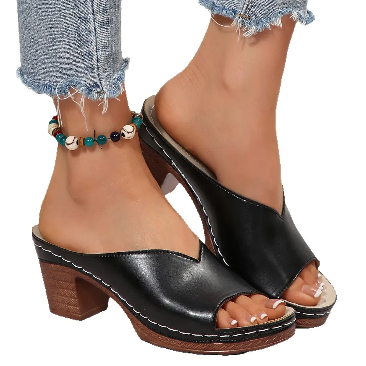 Color: Blue, Shoe Size: 42 - Women's Open-Toe High-Heel Slippers Summer New Fashion Outdoor Wear Slip-On Shoes 36-43 Sizes Polyurethane Upper Cushioning