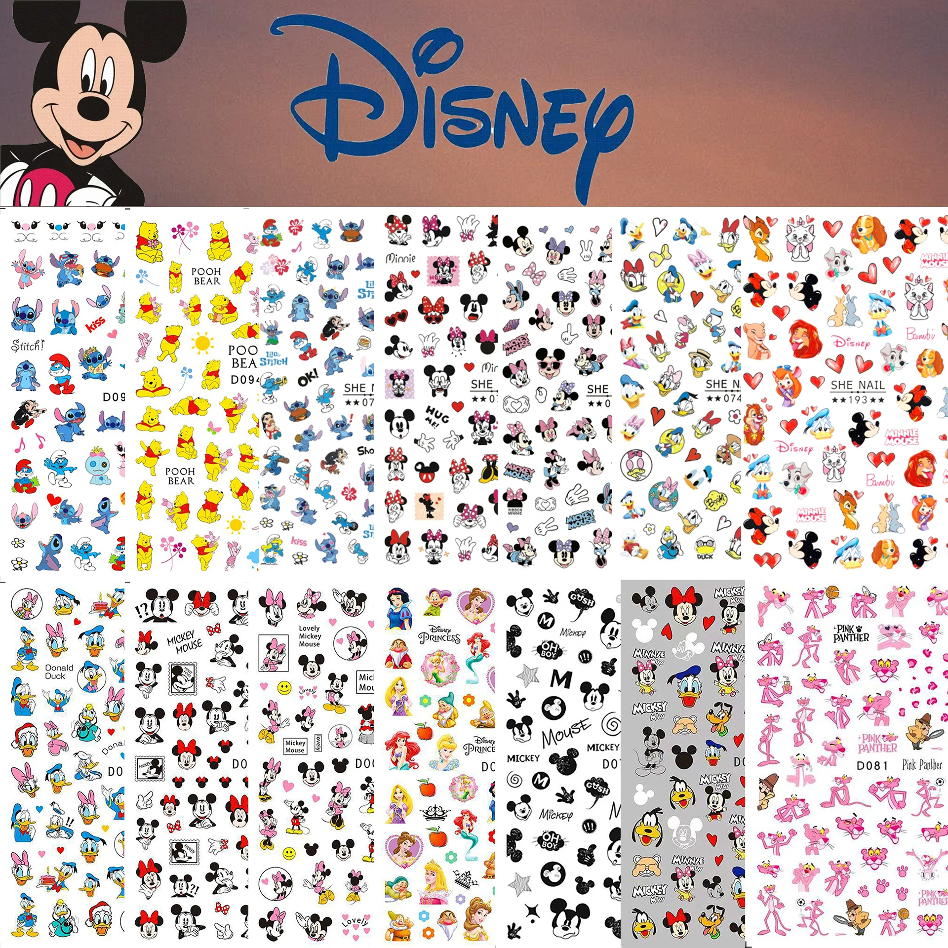 Color: Chocolate - 1PCS Disney Cartoon Nail Stickers Wholesale Waterproof Paste Nail Art Sticker Princess Mickey Anime Series Nail Decoration