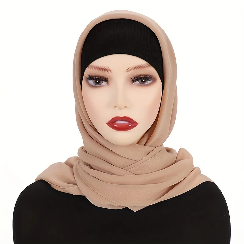 Color: khaki, Size: One Size - 110*110cm Chiffon Square Hijabs Scarf For Woman Muslim Turban Hat Islam Headscarf Women Plain Veil Jersey Hijabs Ramadan