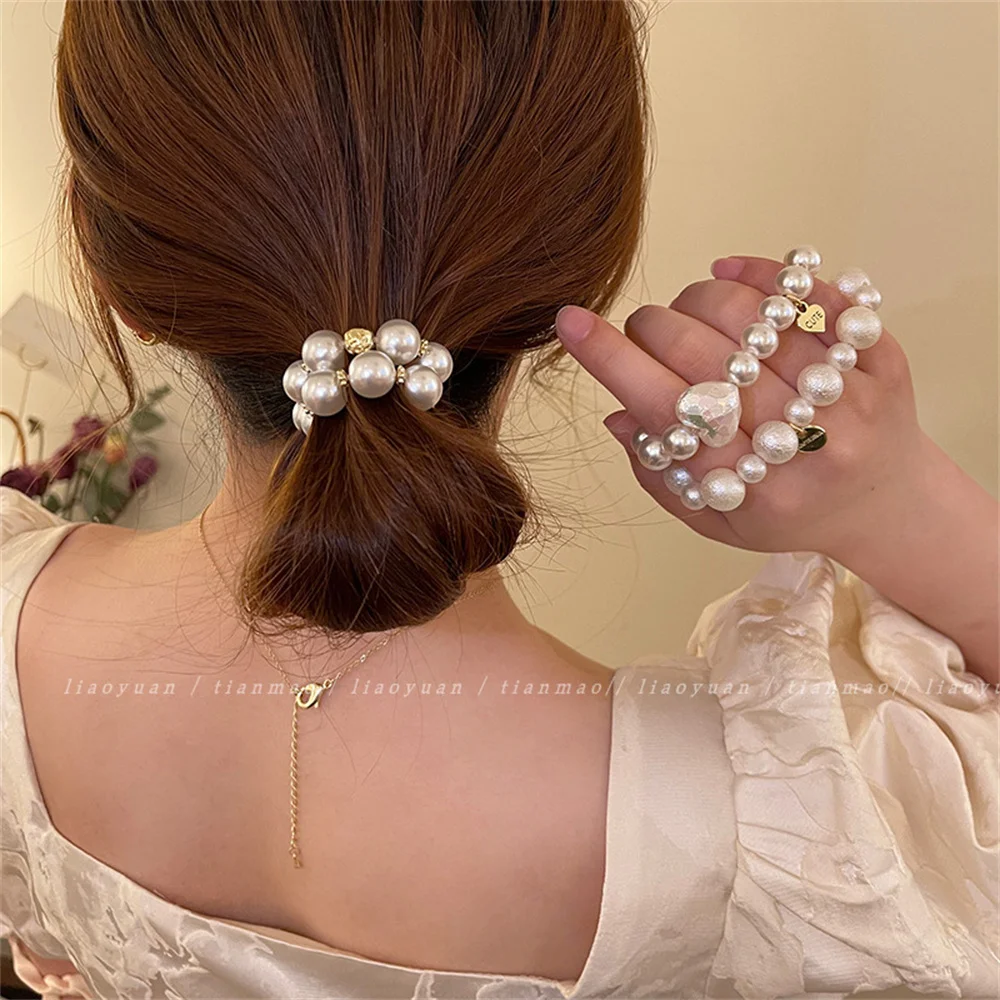 Color: Lavender - Exquisite Pearl Beaded Hair Ties Bracelet Sweet Ponytail Braid Hair Rope for Women Girl Fashion Headwear Hair Accessories Gift