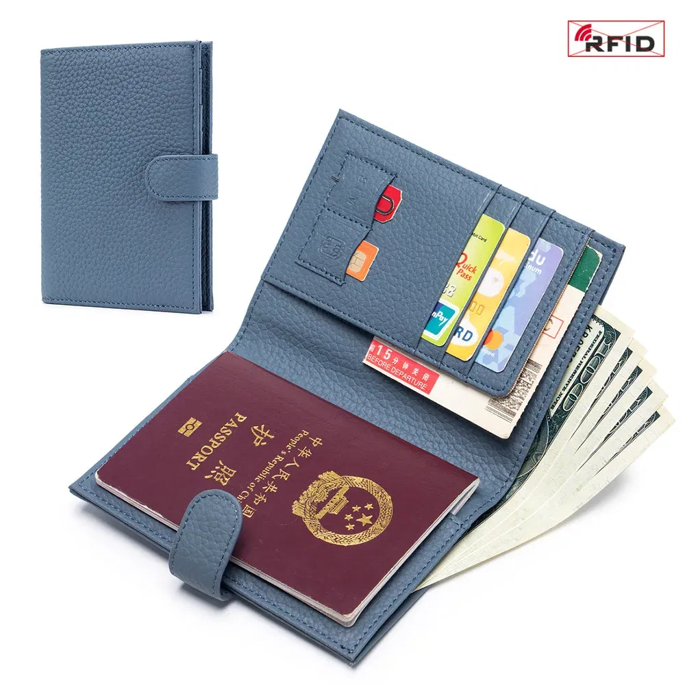 Color: green - Genuine Cow Leather Passport Holder Travel Wallet with Zipper Pocket Card Holder RFID Blocking Bifold Wallet for Men and Women