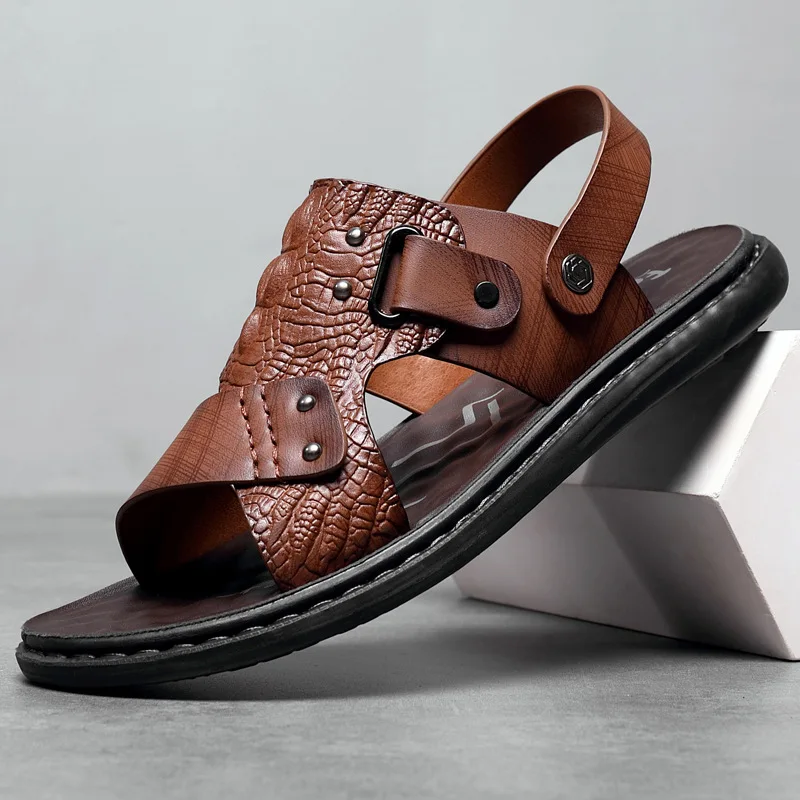 Color: Dark Khaki, Shoe Size: 41 - Men Office Open Toe Shoes Sandals  Non-slip Slippers  Male Footwear Mens Summer Outdoor Shoes