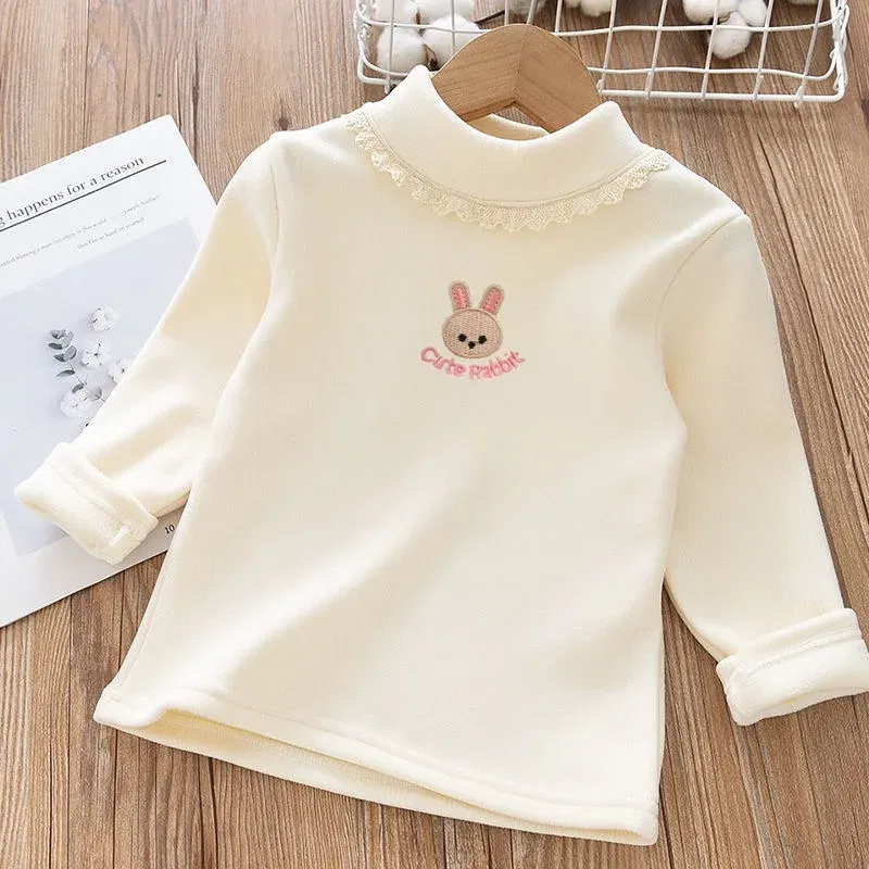 Color: Beige, Kid Size: 6 - 1pcs Children's T-Shirts Rabbit Embroidery Velvet warm top Kids Half High Collar Long Sleeve Base Shirt Girls Tshirts Clothes