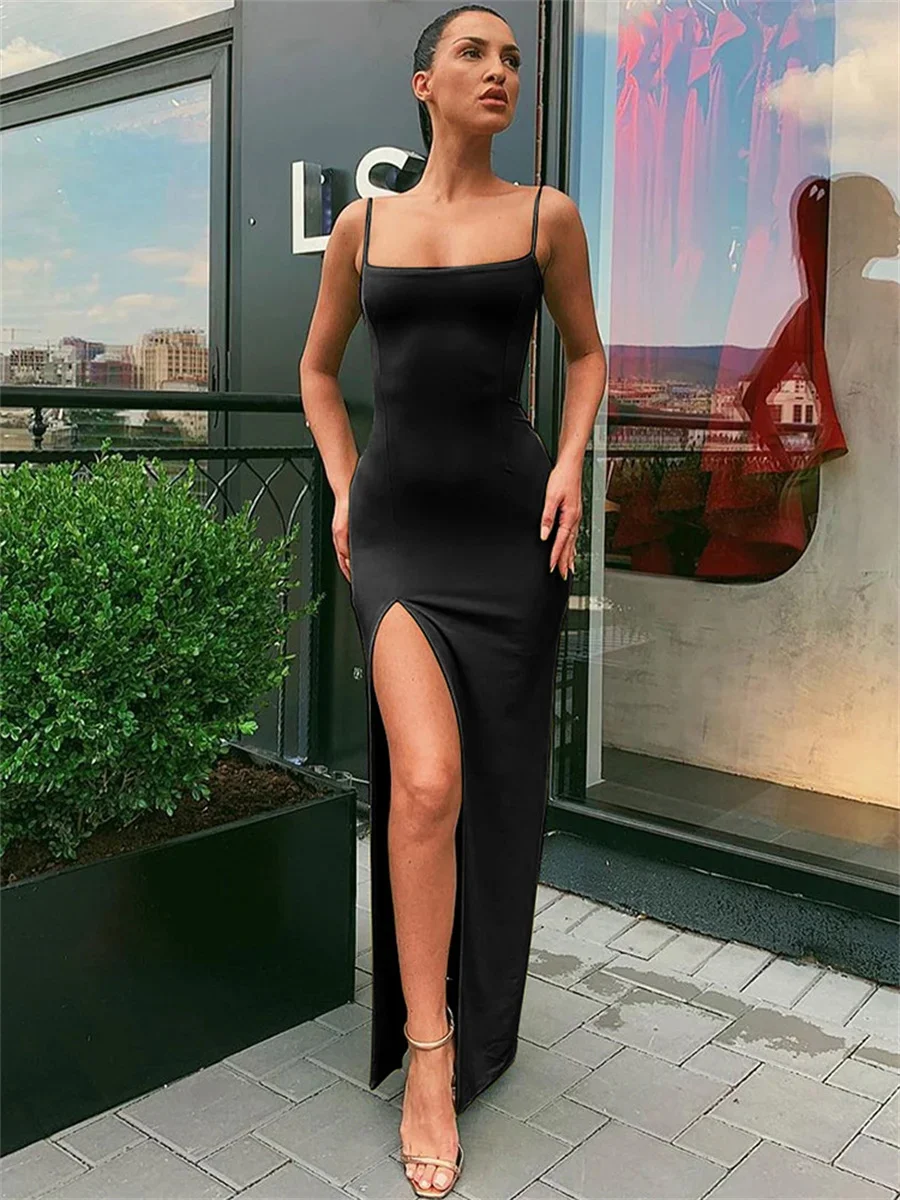 Color: black, Size: S - Women Summer Sexy Bodycon Dress Lady Sexy Spaghetti Strap Sleeve Split Solid Color Sheath Dress Vestidos