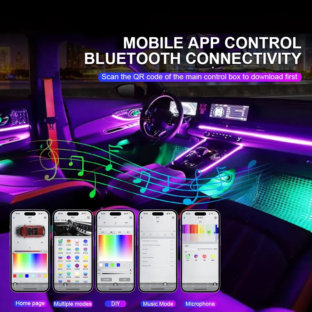 Emitting Color: DEEP BLUE - 18 in 1 Dual Zone Symphony Streamer LED Ambient Lights Car Interior 64 Colors RGB Neon Acrylic Strip Atmosphere Lighting Kit App