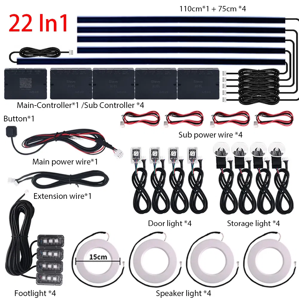 Emitting Color: DEEP BLUE - 18 in 1 Dual Zone Symphony Streamer LED Ambient Lights Car Interior 64 Colors RGB Neon Acrylic Strip Atmosphere Lighting Kit App