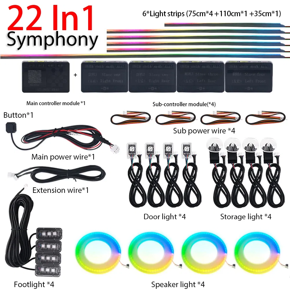 Emitting Color: DEEP BLUE - 18 in 1 Dual Zone Symphony Streamer LED Ambient Lights Car Interior 64 Colors RGB Neon Acrylic Strip Atmosphere Lighting Kit App