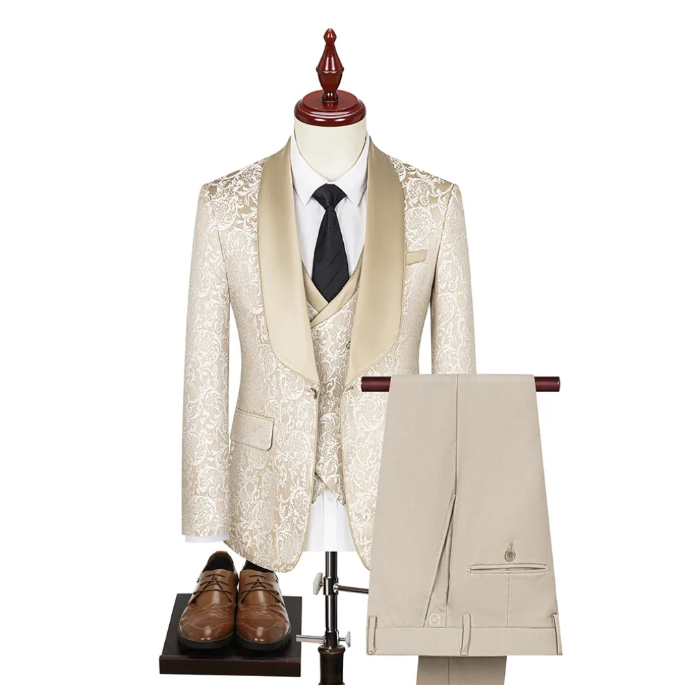 Color: Beige, Size: 5XL - New fashion jacquard beige suit slim single breasted elegant formal best man suit