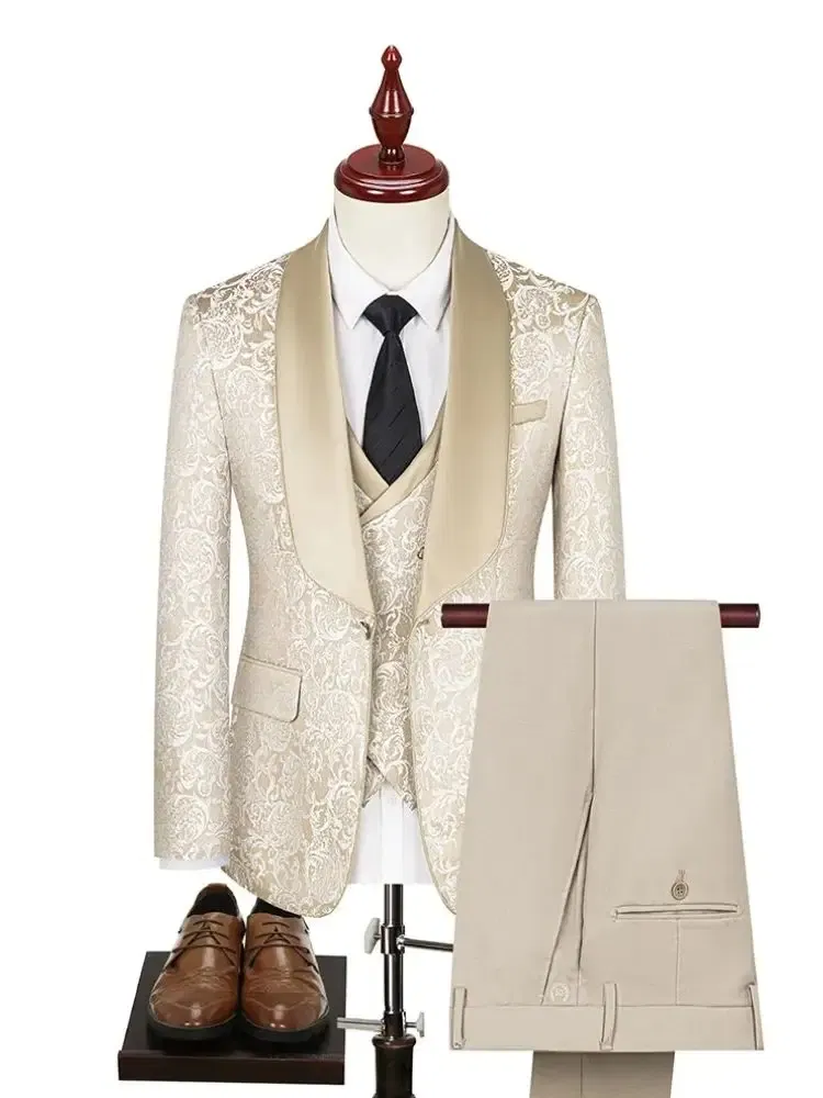 Color: Beige, Size: 5XL - New fashion jacquard beige suit slim single breasted elegant formal best man suit