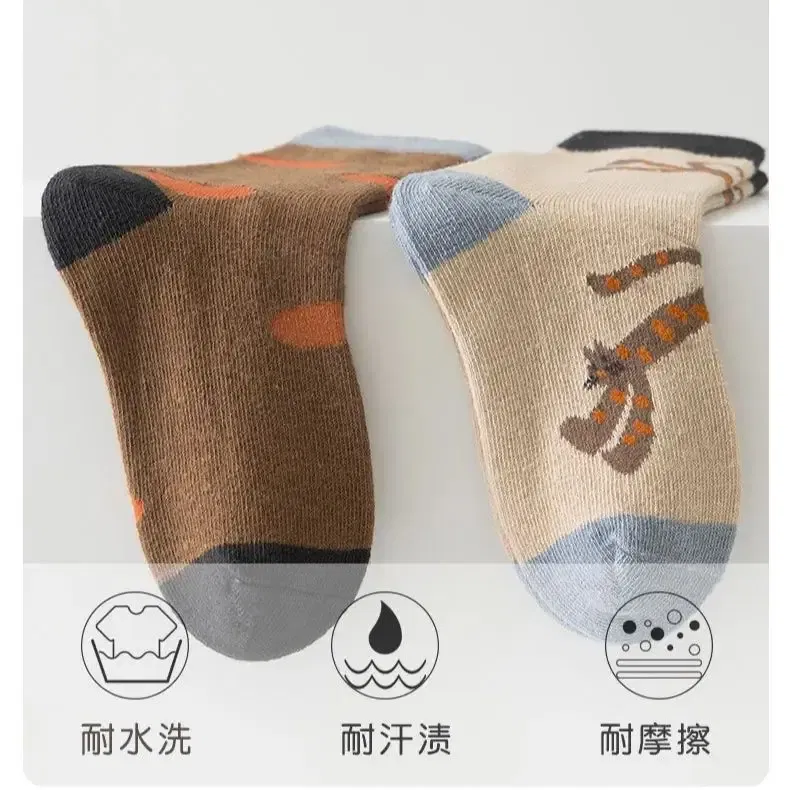 Color: Beige, Size: 2-3T - 5 Pairs Children's Socks Cotton Socks Autumn Cartoon Pattern Medium Socks Kids Boys Girls A ClassSocks