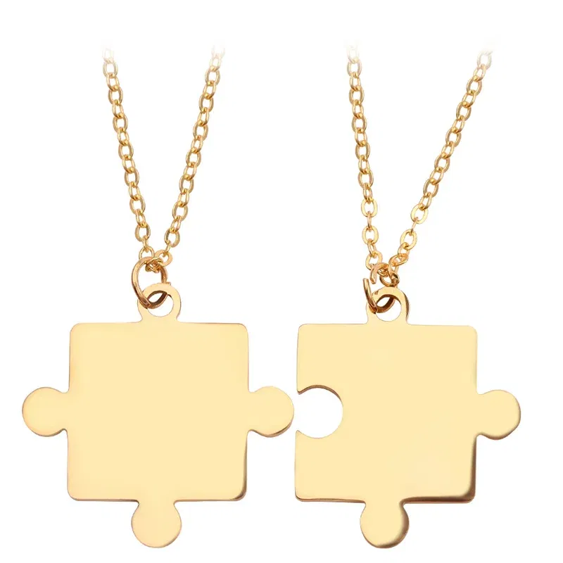 Metal color: Light Yellow Gold Color - 1pair Stainless Steel Classic Puzzle Pendant Necklace Simple Exquisite Jewellery Gift For Friends
