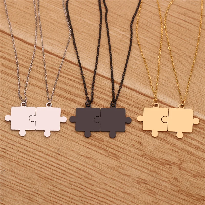 Metal color: Light Yellow Gold Color - 1pair Stainless Steel Classic Puzzle Pendant Necklace Simple Exquisite Jewellery Gift For Friends