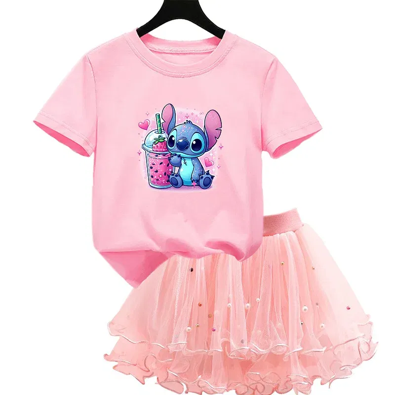 Color: Pink, Kid Size: 4T - 2pcs Lilo Stitch Summer Girls Outfits Cartoon T-shirt and Tutu Skirt Princess Clothes Suit Children Birthday Clothing Sets