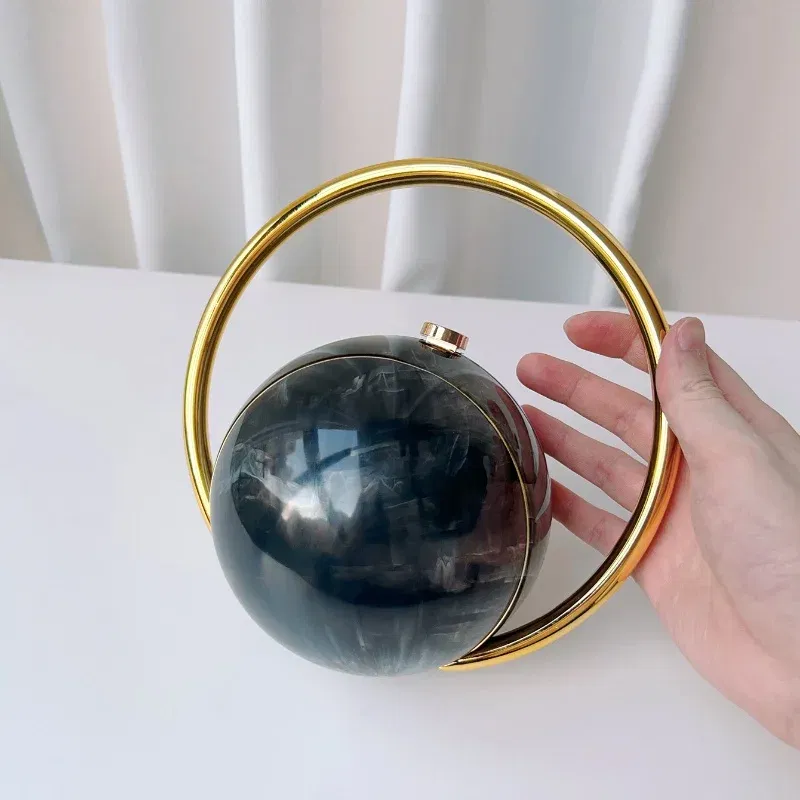 Color: Gold - 2025 New Marble Pattern Spherical Banquet Bag for Women Trendy Electroplated Handle PVC Handbags Lady Mini Purse Evening Clutch