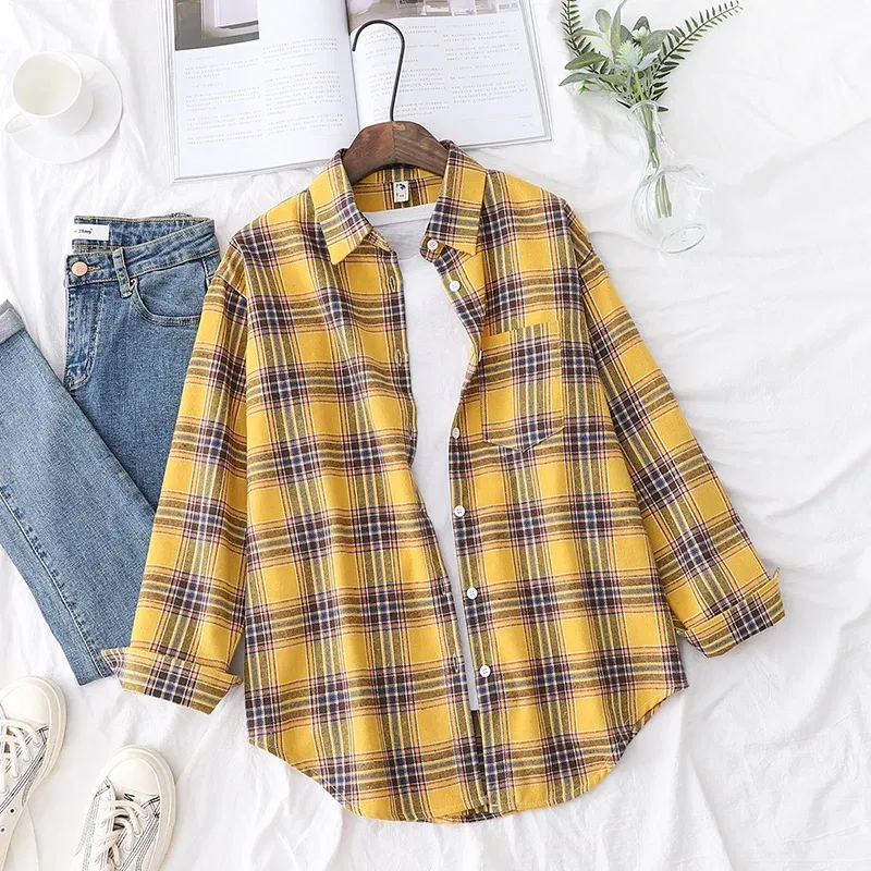 Color: Yellow, Size: L - Fresh Flannel Plaid Shirt Women 2025 New Female Blouses and Tops Cotton Loose Long Sleeve Casual Shirts Fine Women's Clothes