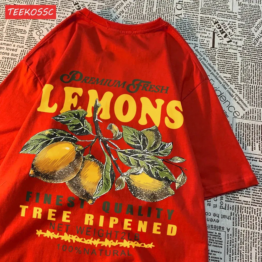 Color: Dark Brown, Size: S - Summer Lemon Cherries Prints T-Shirts Cotton Women's Tops Oversize O-Neck Soft Short Sleeve tees Street Casual Womans Clothes