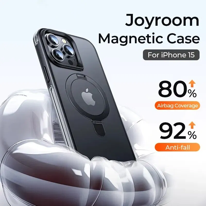 Material: Carbon Fiber, Color: Black - Joyroom Magnetic Case With Holder for iPhone 15 14 13 Pro Max Case Frosted Ring Holder Phone Cover Wireless Charger Magnet Cover