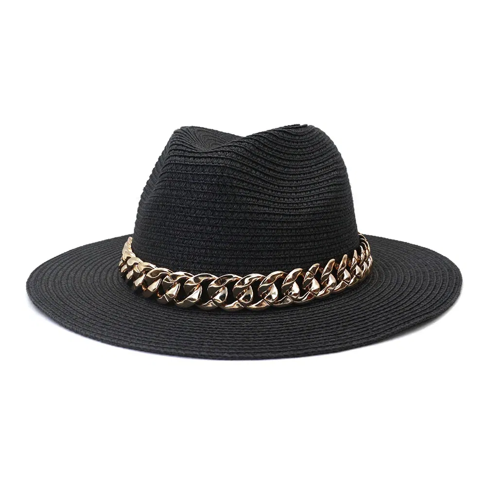 Color: black, Size: L - Fashion Gold Chain Belt Panama Straw Hats For Women Summer Breathable Beach Sun Hats Elegant Ladies Party Jazz Hat