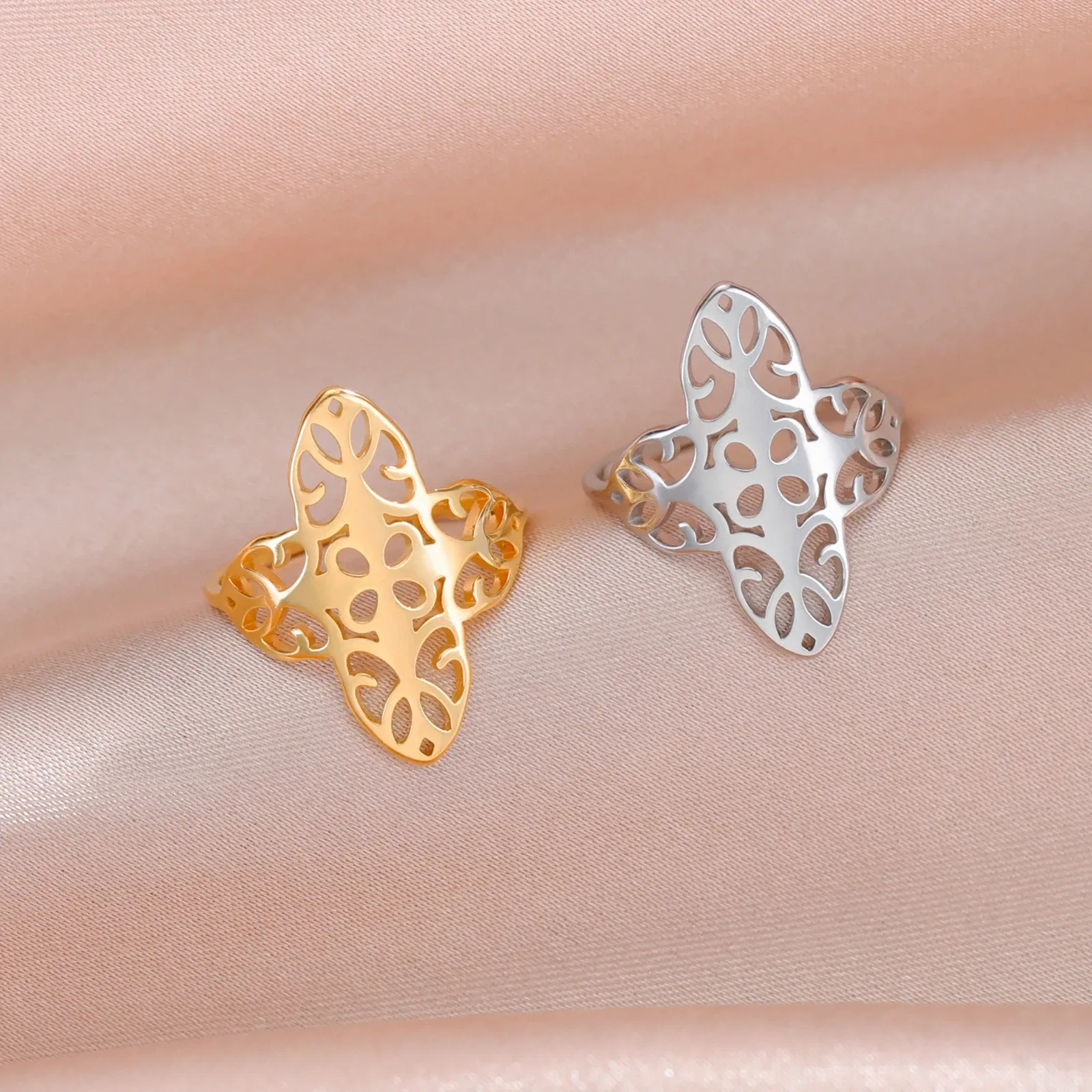 Main Stone Color: WHITE, Ring Size: 10 - Skyrim Filigree Ring Stainless Steel Gold Color Elegant Finger Rings Women Bohemian Jewelry Wedding Band Gift Wholesale