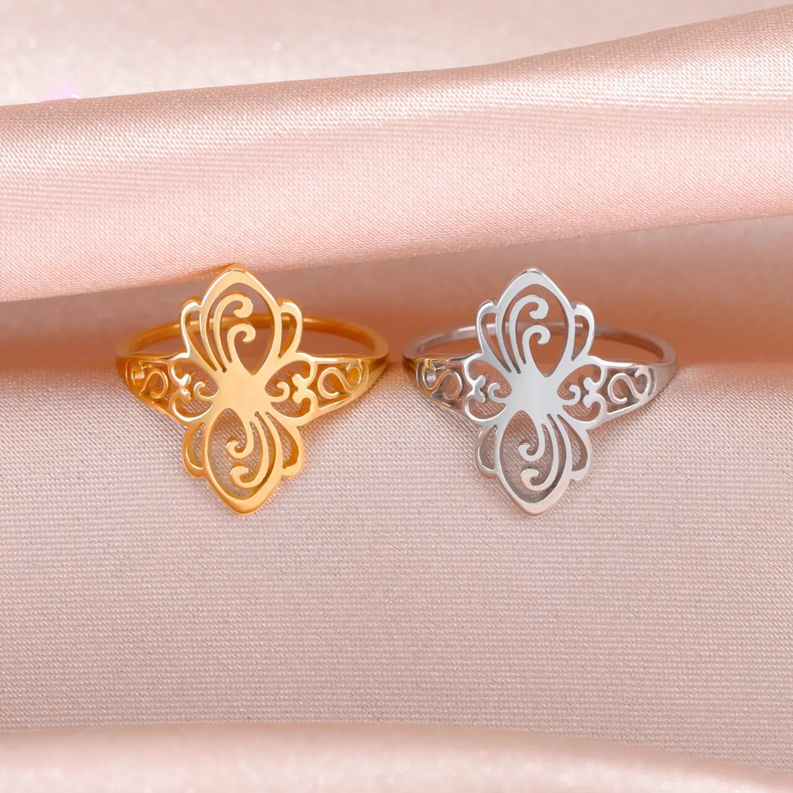Main Stone Color: WHITE, Ring Size: 10 - Skyrim Filigree Ring Stainless Steel Gold Color Elegant Finger Rings Women Bohemian Jewelry Wedding Band Gift Wholesale