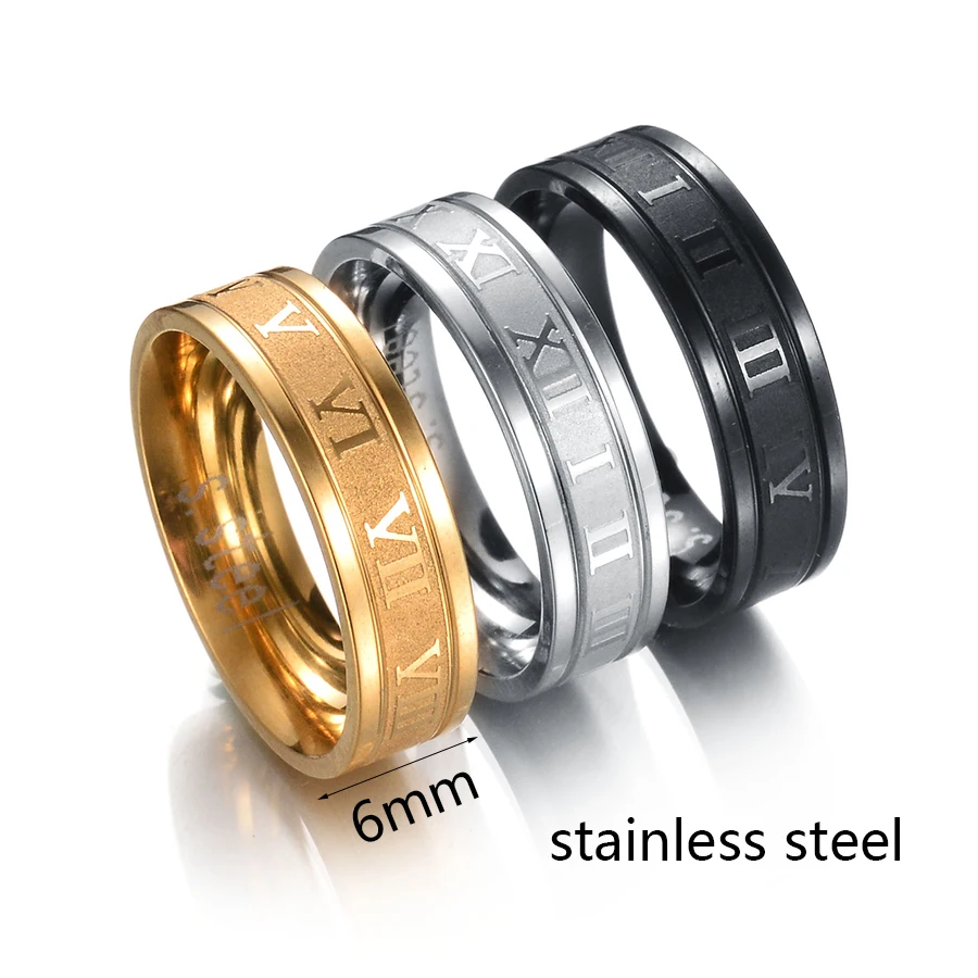 Main Stone Color: Black, Ring Size: 9.5 - Letdiffery 6mm Punk Roman Numerals Rings High Quality Stainless Steel Women Men Jewelry For Wholesale Dropshipping