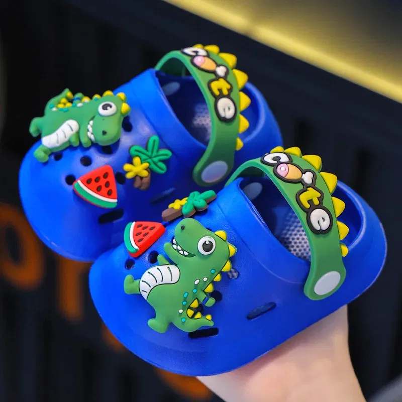 Color: Beige, Shoe Size: 1.5 - Summer Childrens Slippers Hole Kids Sandals Soft Anti-Skid Cartoon Dinosaur DIY Design Indoor Anti-Slip Boys Girls Beach Shoes