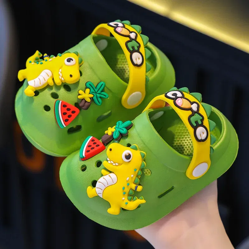 Color: Beige, Shoe Size: 1.5 - Summer Childrens Slippers Hole Kids Sandals Soft Anti-Skid Cartoon Dinosaur DIY Design Indoor Anti-Slip Boys Girls Beach Shoes