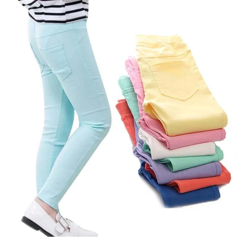 Color: SKY BLUE, Kid Size: 5 - 3-12-year-old girls pencil pants elastic baby Leggings 2024 new slim fit children's Leggings solid color imitation jeans