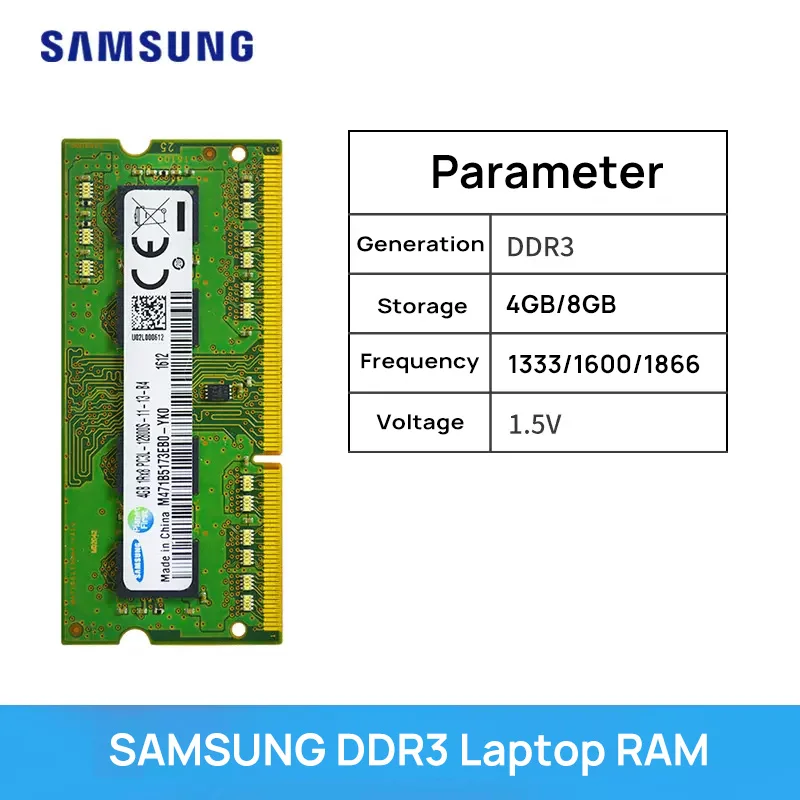 Memory Capacity: 16 GB - Samsung Laptop Memory DDR3 1.5V /DDR3L 1.35V 1333 1600 1866 MT/s MHz 4GB 8GB RAM 204pin SO-DIMM Memory Stick for Laptop Notebook