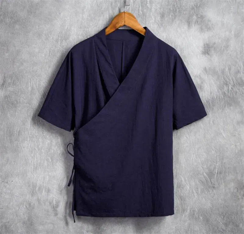 Color: Navy Blue, Size: XXXL - Men Cotton Linen Short sleeve Kung Fu Shirt Classic Chinese Style Tang Clothing Size M-6XL