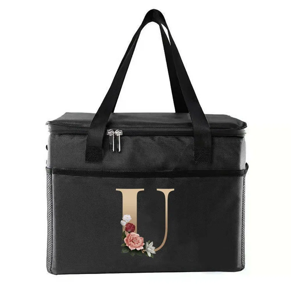 Color: Yellow - Thermal Bag Portable Lunch Bags Insulated Cooler Bag Food Bento Bags Printing Gold Letter Series Travel Picnic Storage Ice Bags