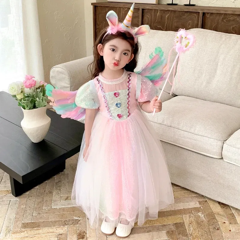 Kid Size: 4T, Color: Pink - Girls' New Pearl Gradient Sequin Colored Gemstone Mesh with Bubble Sleeves Princess Dress Halloween Mermaid Cosplay Dress